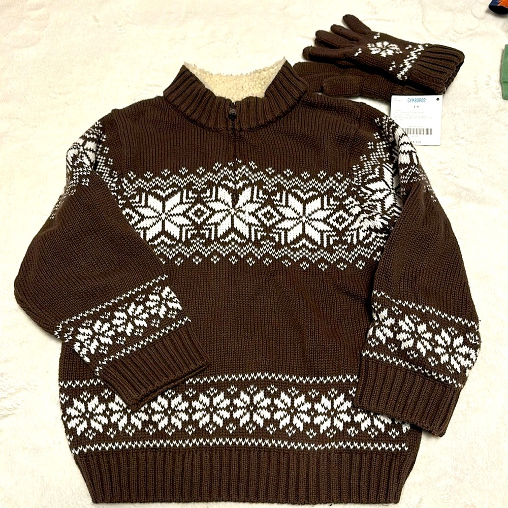 GYMBOREE MOUNTAIN LODGE BROWN SNOWFLAKE FAIRISLE 1/4 ZIP SWEATER 4T & GLOVES